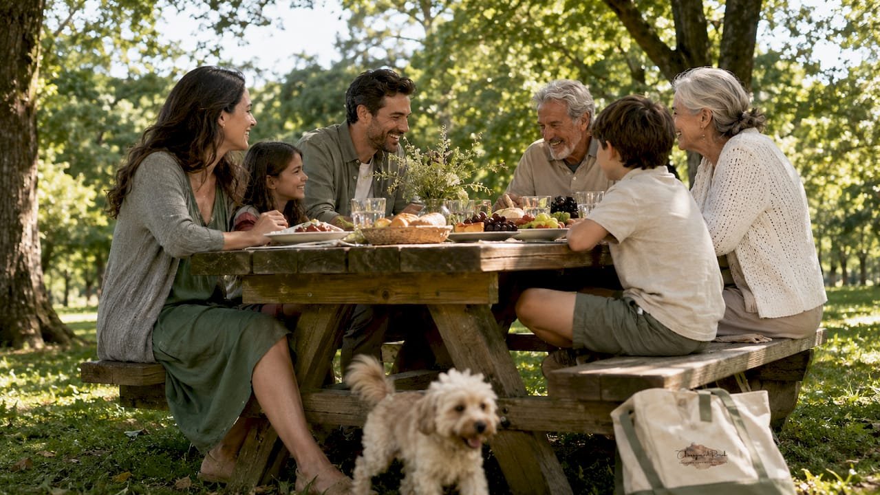 Family enjoying breakfast together in farmhouse kitchen