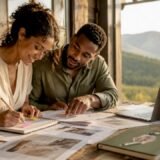 Couple planning weekend getaway wedding in cabin