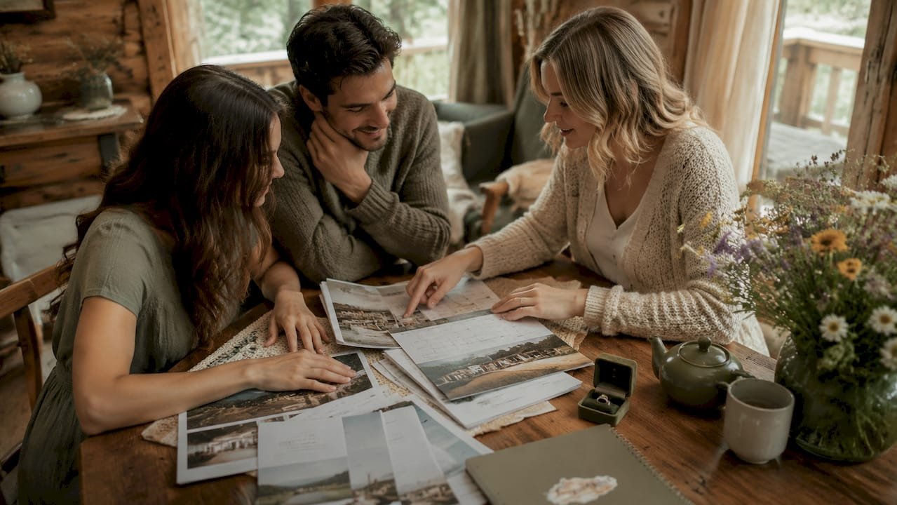 Couple planning mountain wedding with coordinator