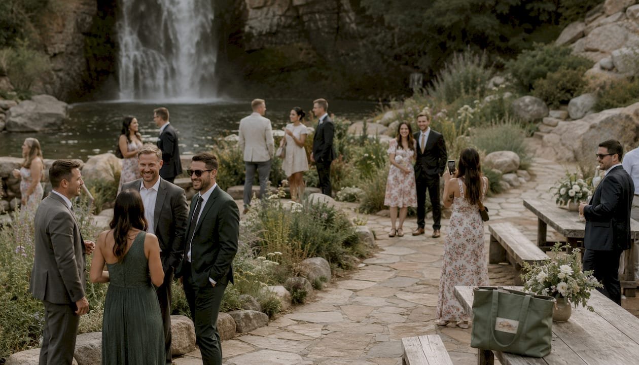 Guests engaging near an outdoor wedding waterfall