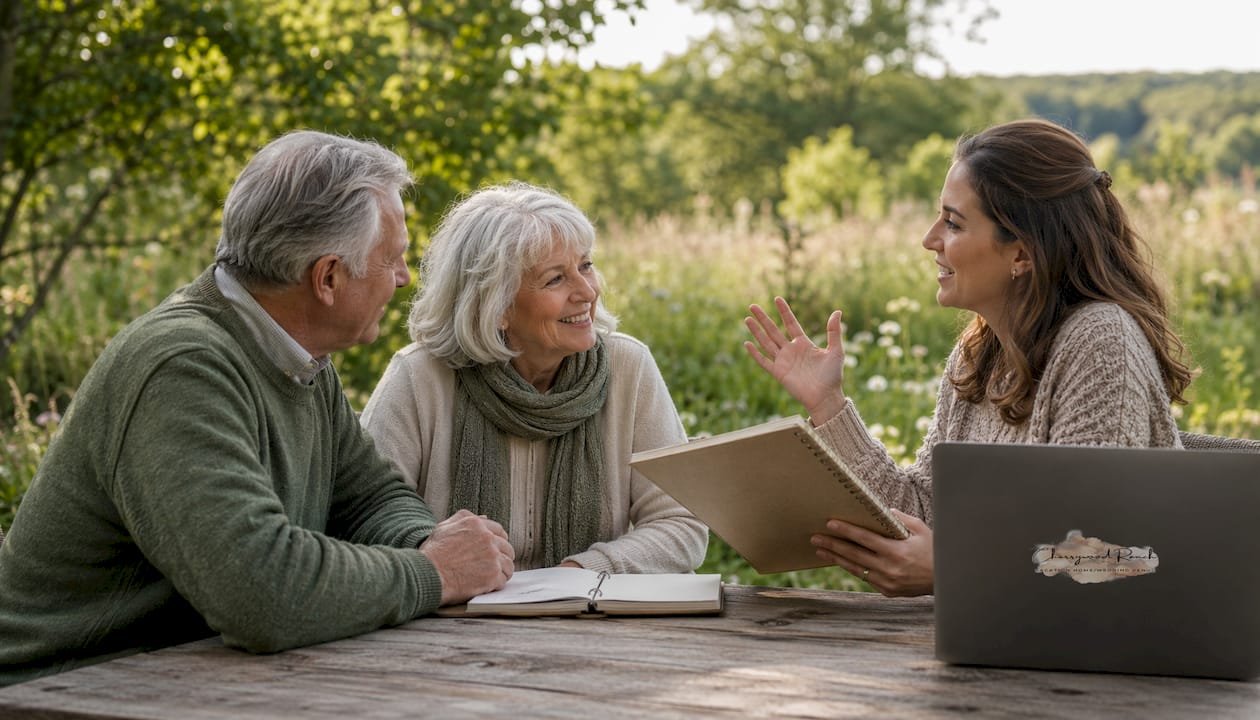 Family discussing event planning in park seating