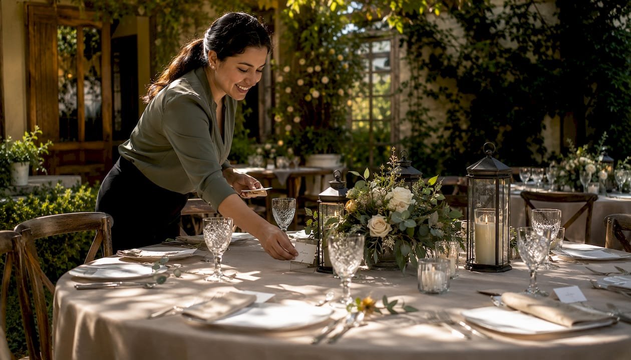 Staff setting up intimate boutique wedding table