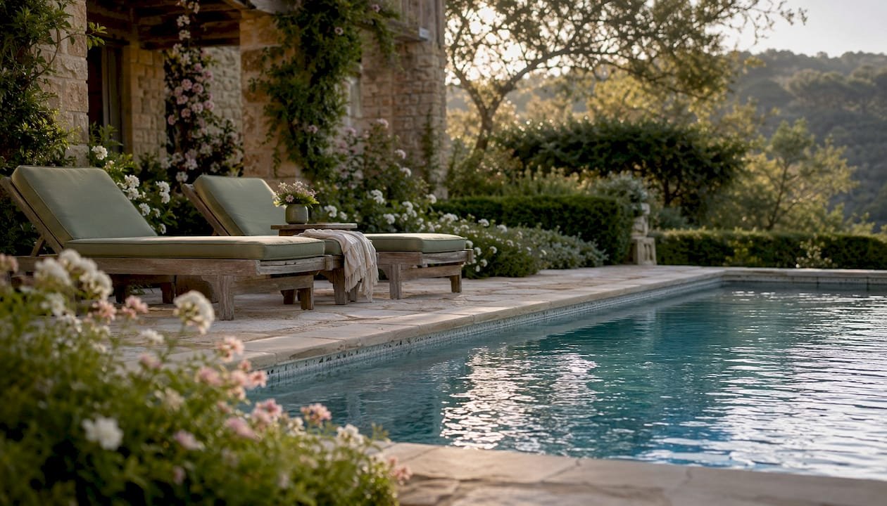 Estate buyout private pool area at golden hour