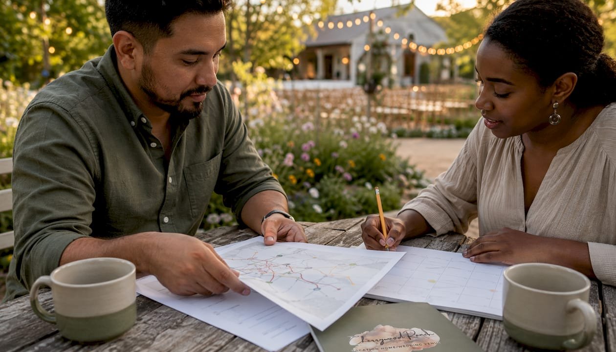 Hands planning wedding shuttle schedules