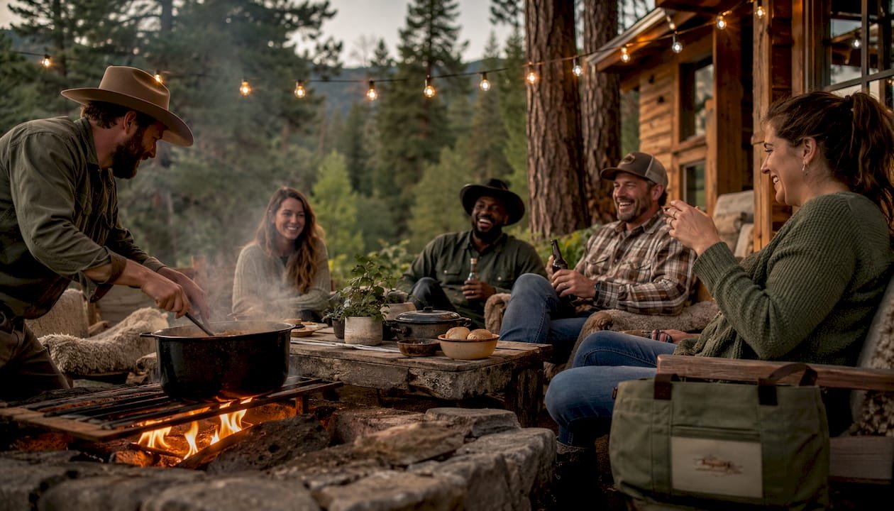 Guests socializing around fire pit at mountain lodge