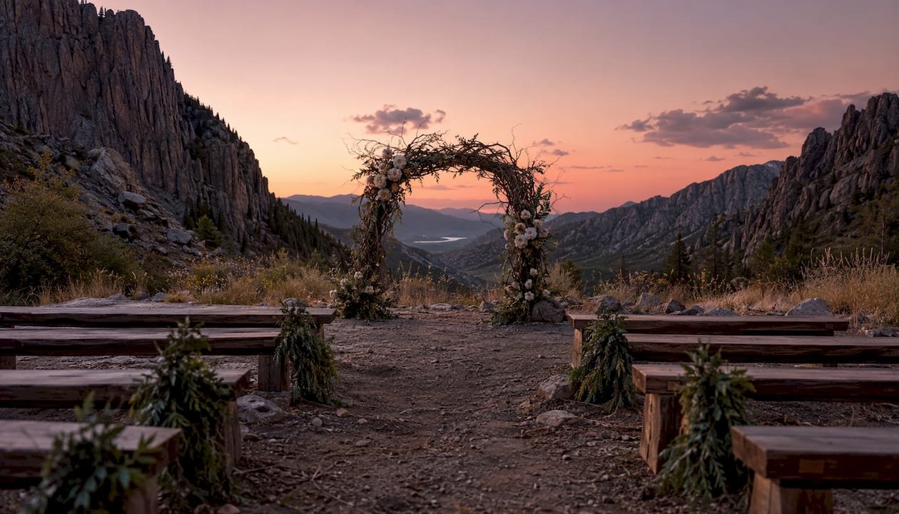 Mountain ridgeline wedding altar at sunset
