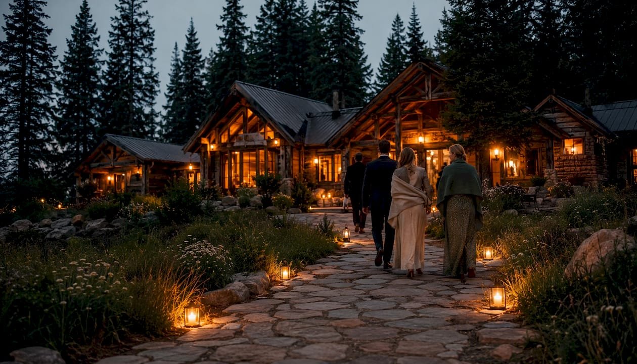 Rustic lodge exterior with guests arriving outdoors