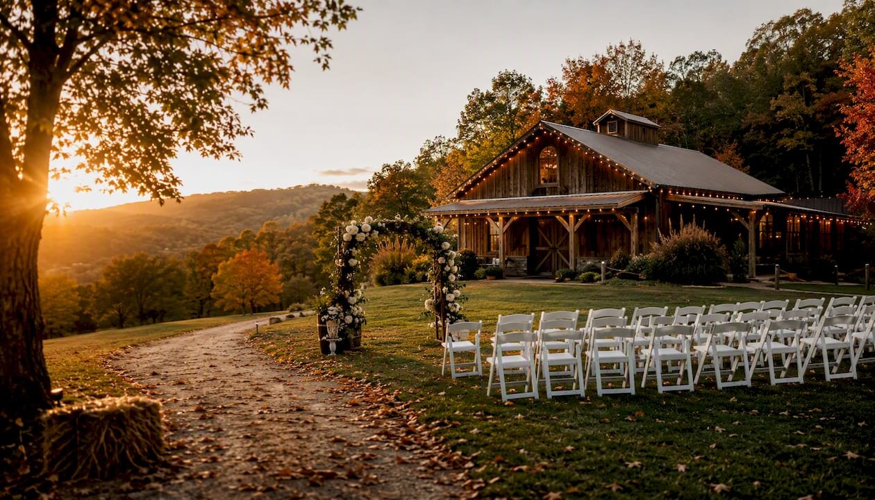 Rustic barn wedding venue in North Georgia fall landscape