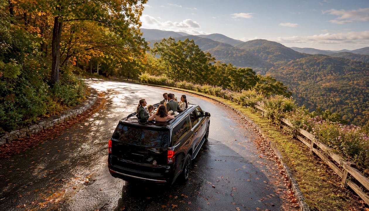 Wedding guests driving up mountain road