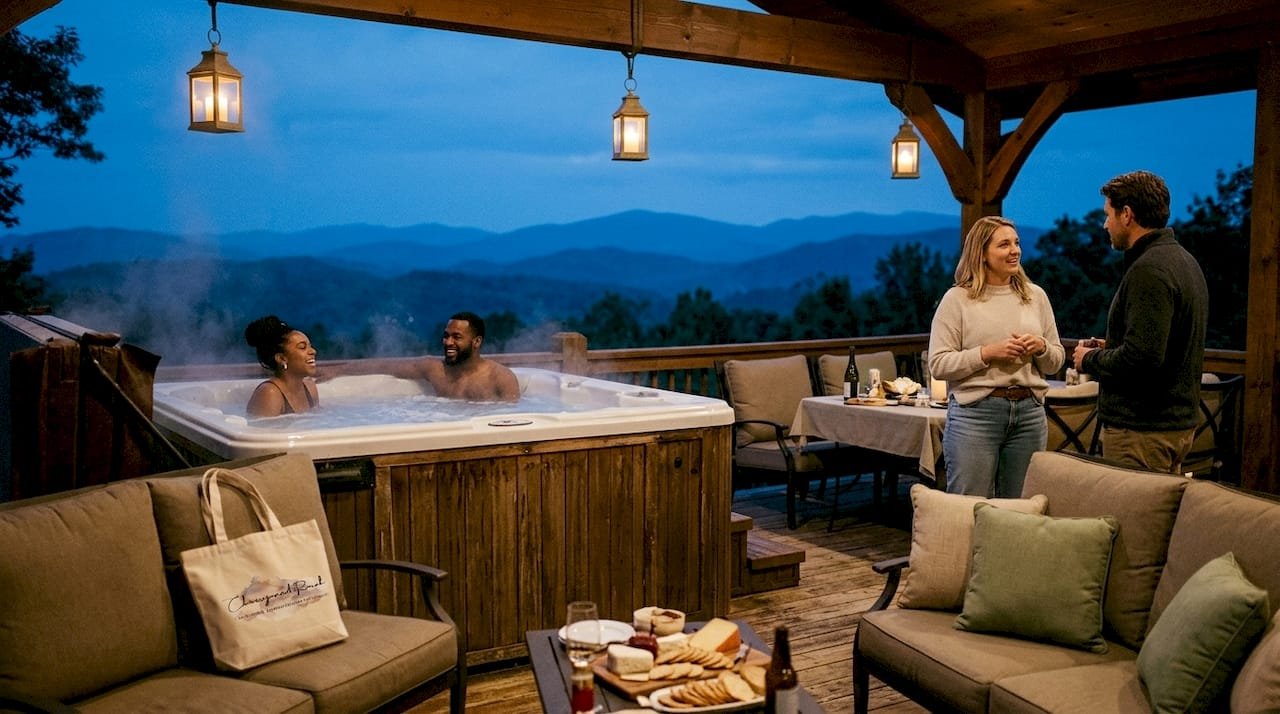 Guests enjoying luxury mountain lodge patio