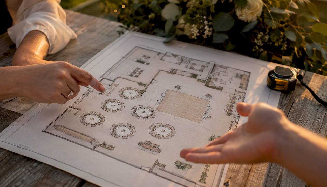 Scaled wedding venue floor plan with guest layout