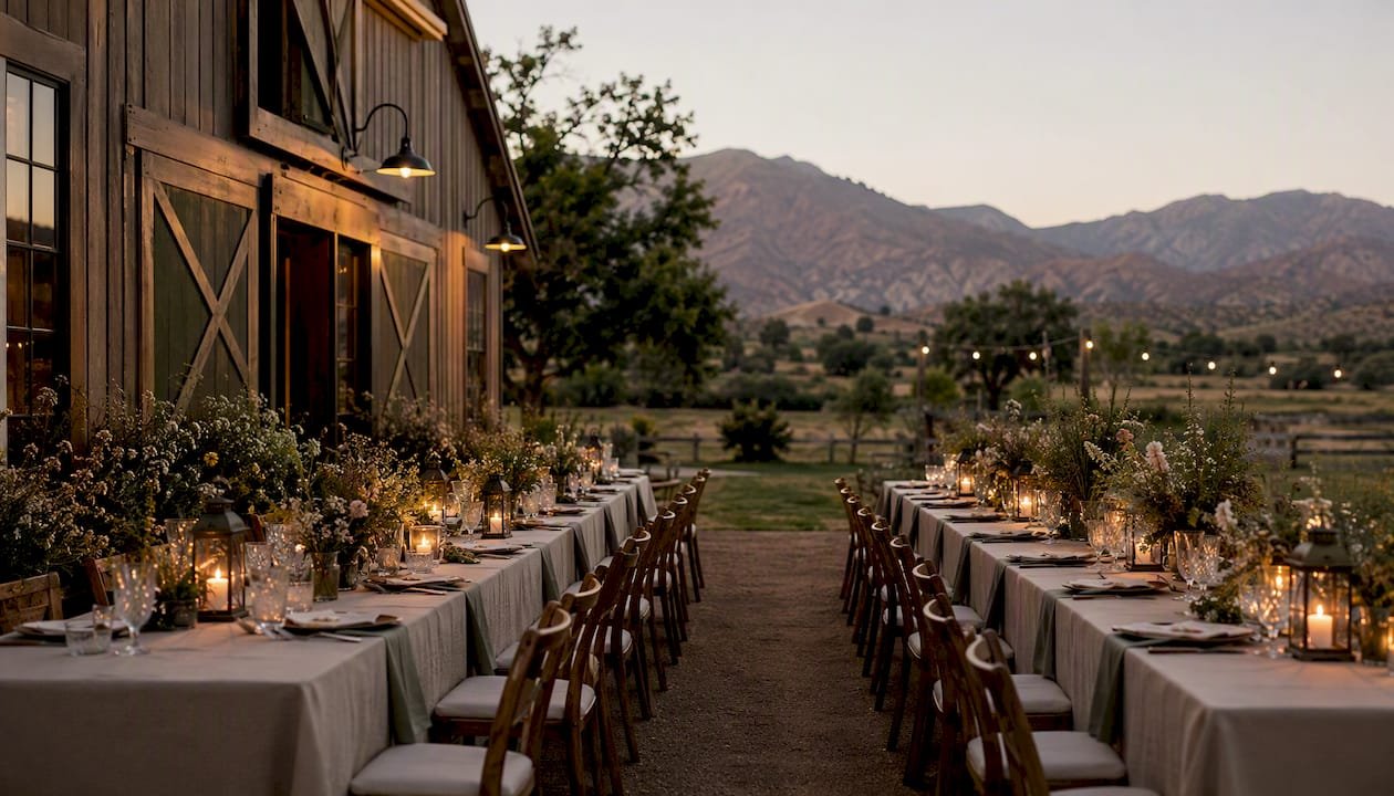 Parallel wedding tables inside rustic barn venue