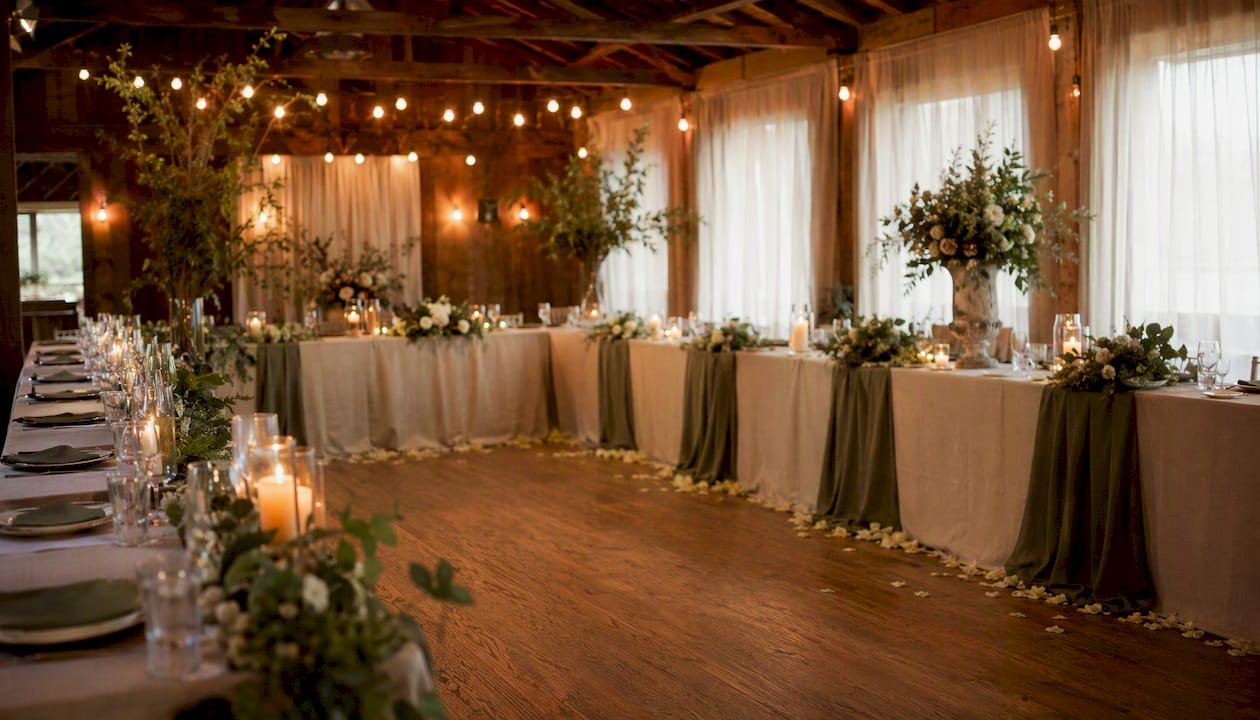 U-shaped wedding table configuration indoors