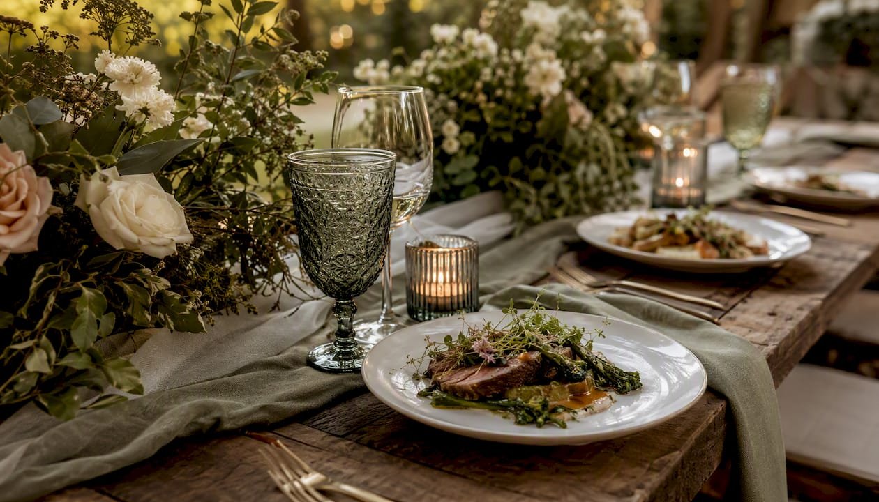 Plated wedding dinner course on rustic table