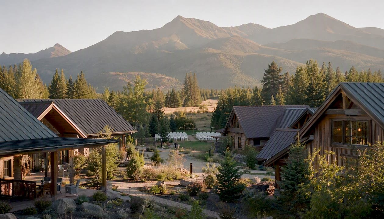 Mountain lodge exterior for weekend wedding stay