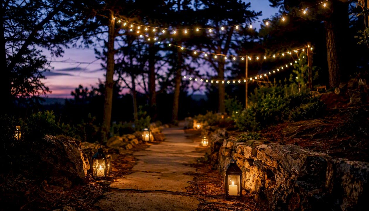 Outdoor wedding pathway lit with string lights and lanterns