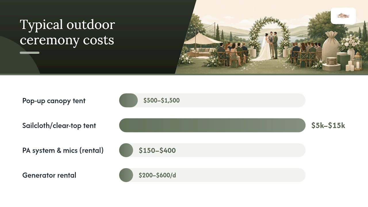 Cost comparison of outdoor wedding tents, sound, and power rental