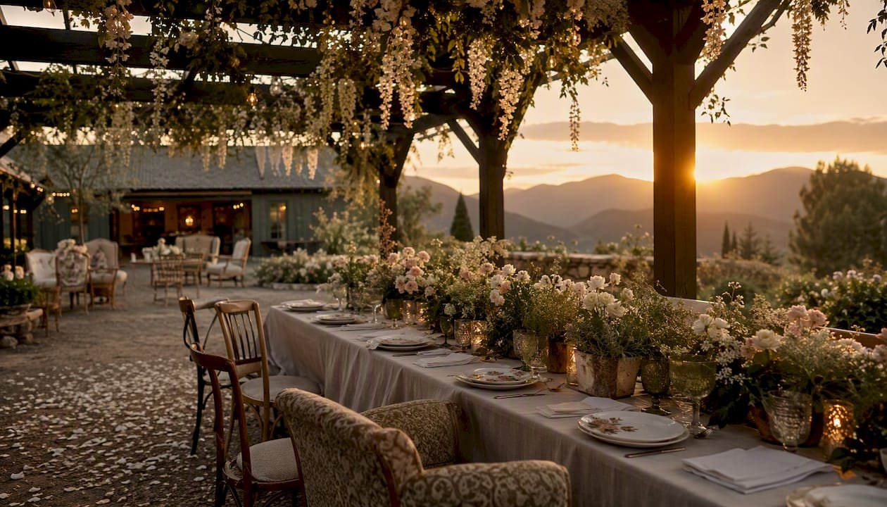Garden party floral pergola wedding table