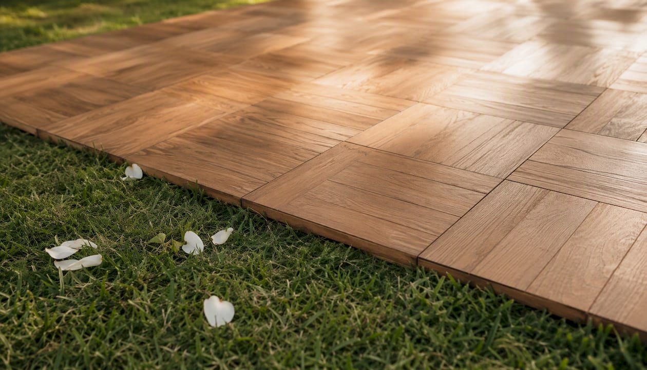 Interlocking dance floor panels on grassy outdoor wedding site
