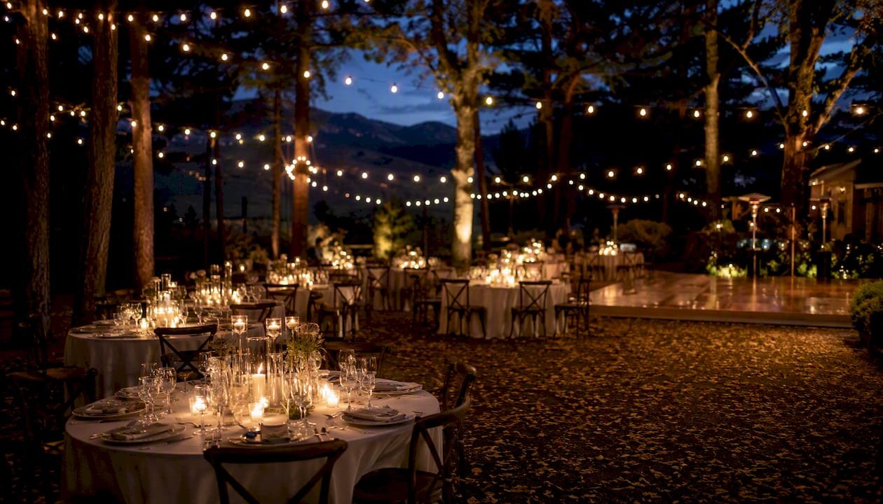 Warm white string lights above outdoor wedding reception