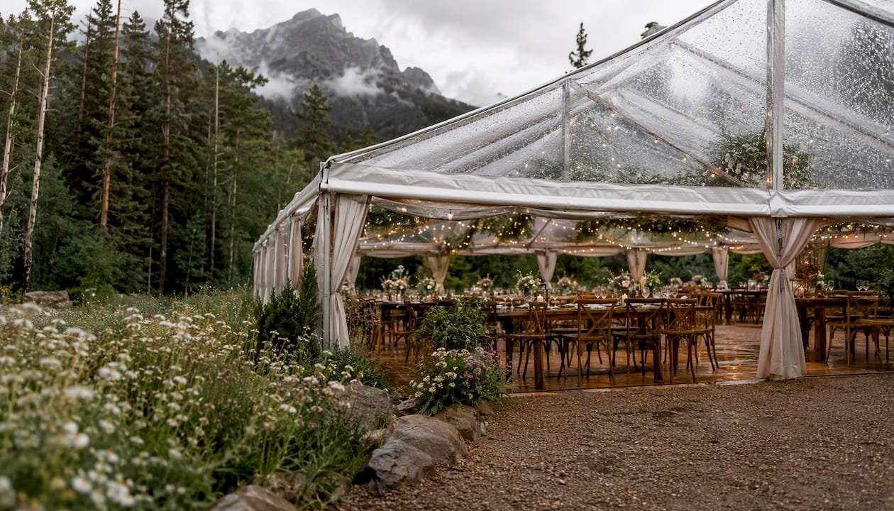 Reception setup inside clear-top wedding tent in rain
