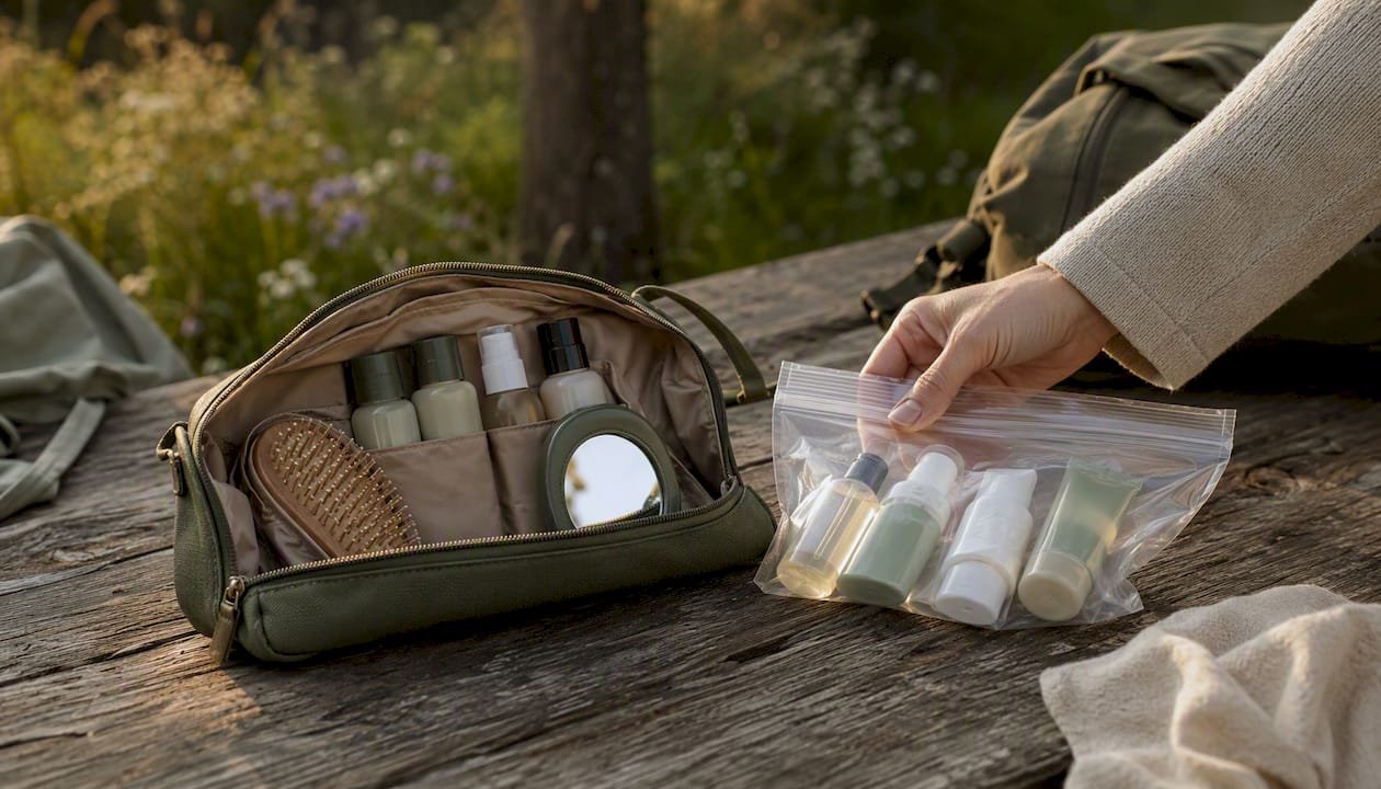 Travel toiletry kit with TSA bottles packing