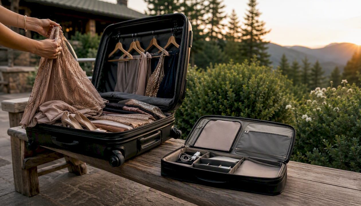Open suitcases with formal outfits and travel essentials