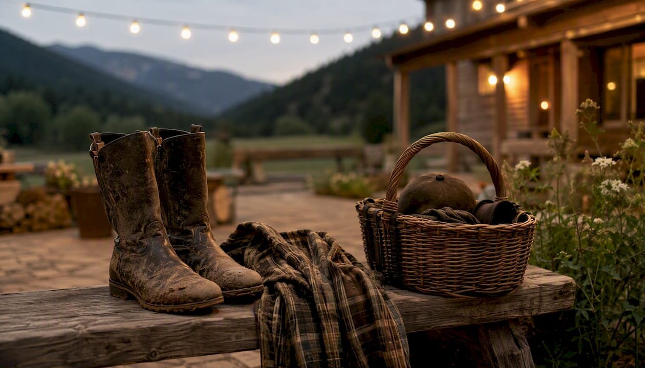 Packed riding boots and flannel on porch bench