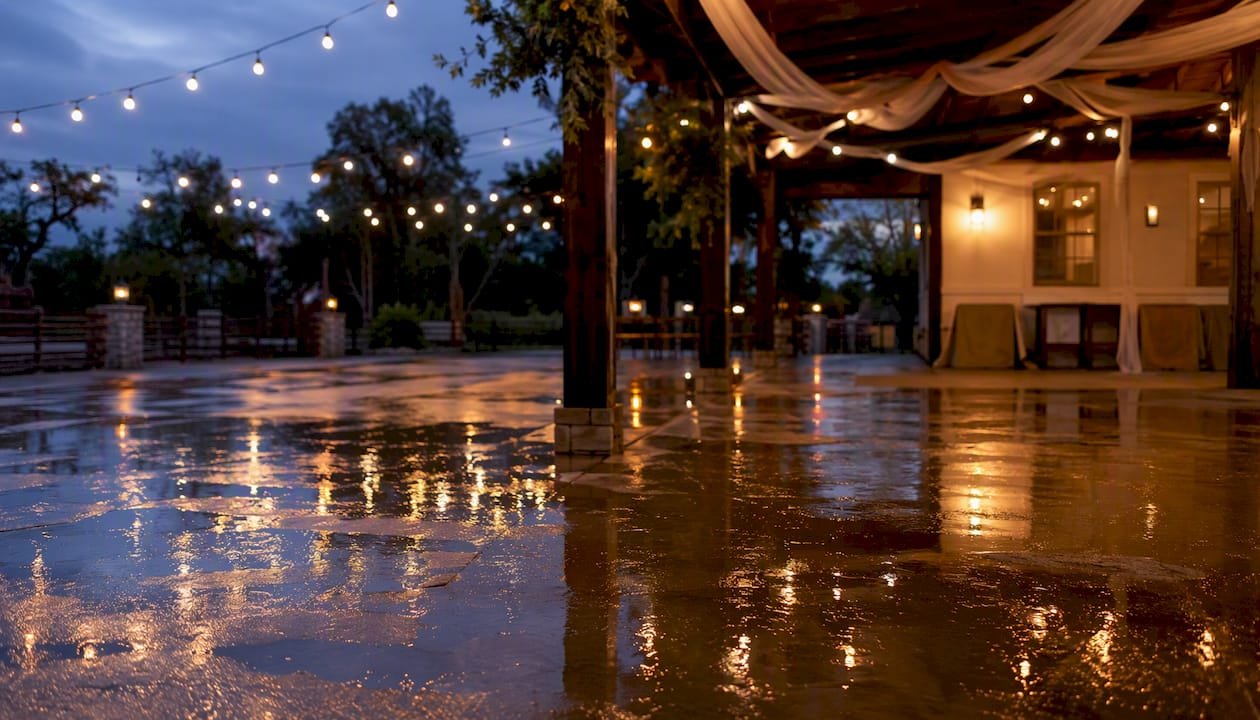 Wet dance floor with caution sign
