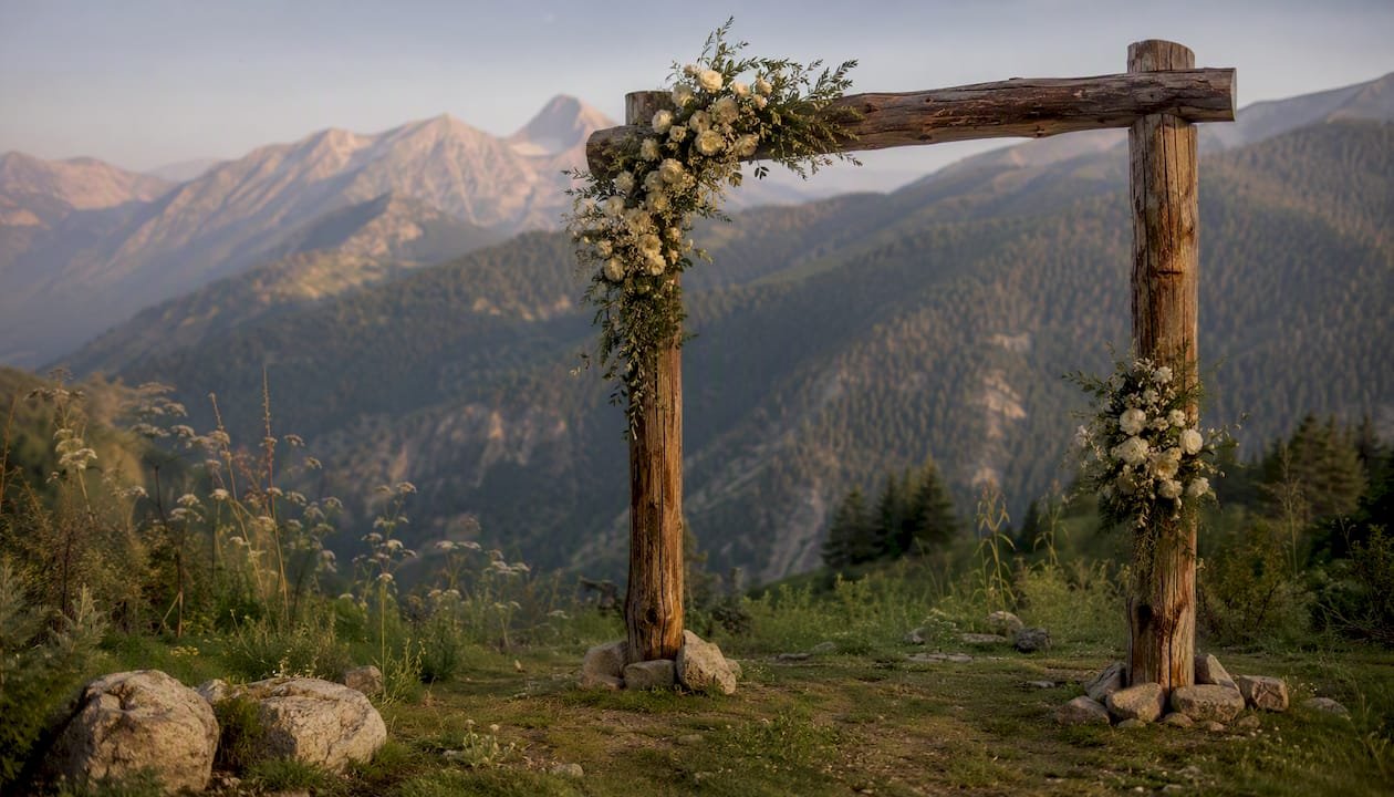 Minimal floral wedding arch in mountain landscape