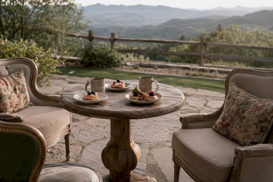 Intimate outdoor seating for mountain wedding brunch