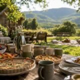 Rustic outdoor brunch table at mountain wedding venue