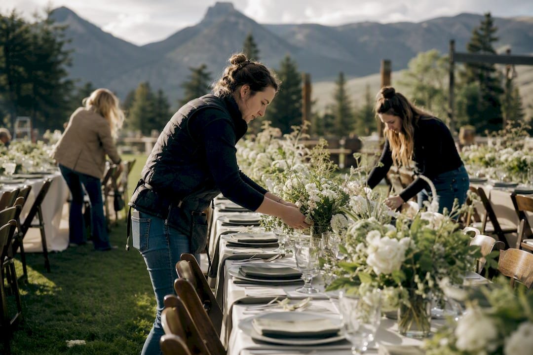 Hands setting tables at wedding venue