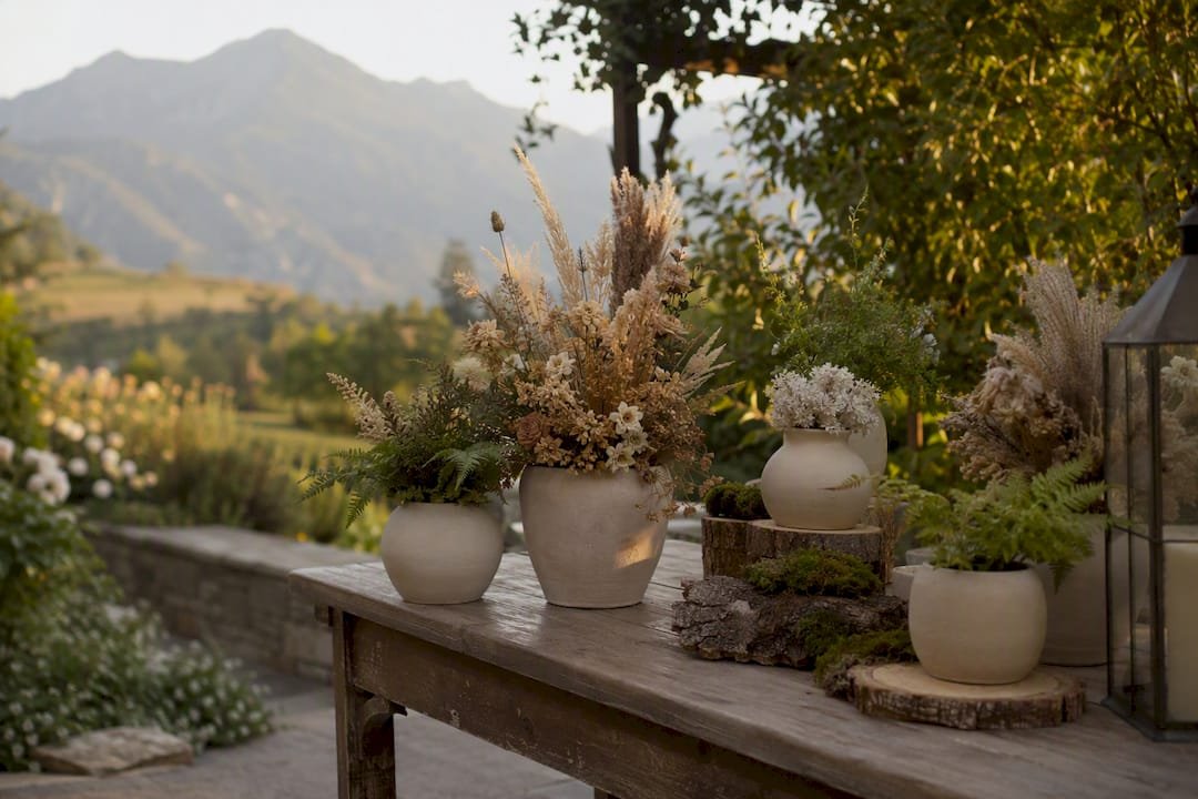Potted plants and dried floral wedding decor