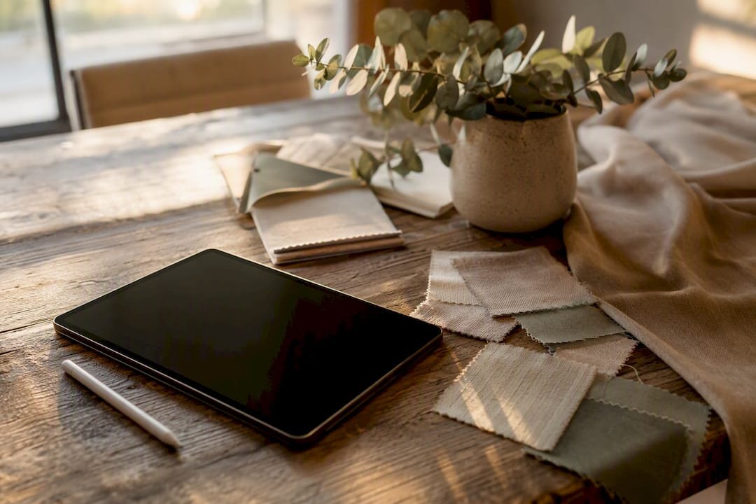 Tablet and wedding decor swatches on wooden desk