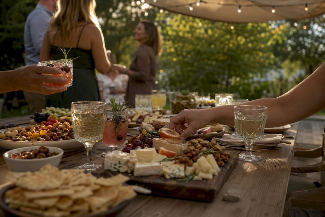 Cocktail hour snacks and drinks outdoors