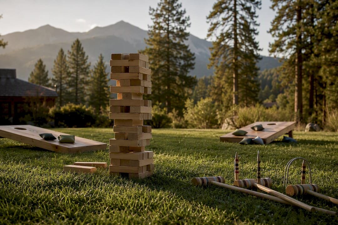 Lawn games set up on wedding lawn