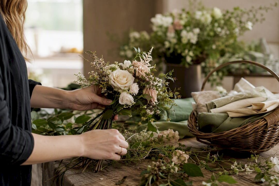 Hands arranging rustic wedding flowers