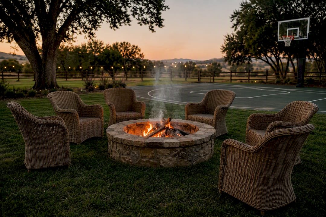 Firepit and pickleball court at sunset