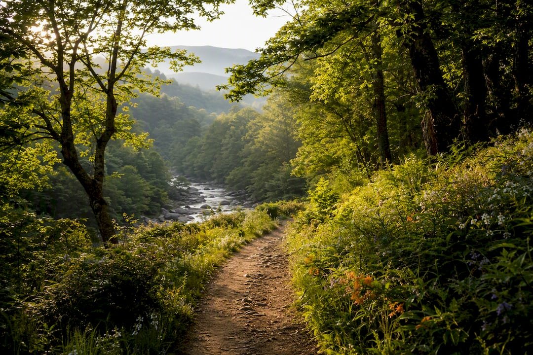 Mountain hiking trail with waterfall in morning light