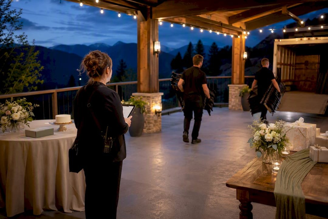 Coordinator supervising late-night wedding cleanup