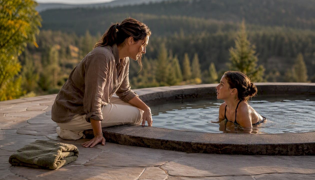 Adult supervising child in hot tub