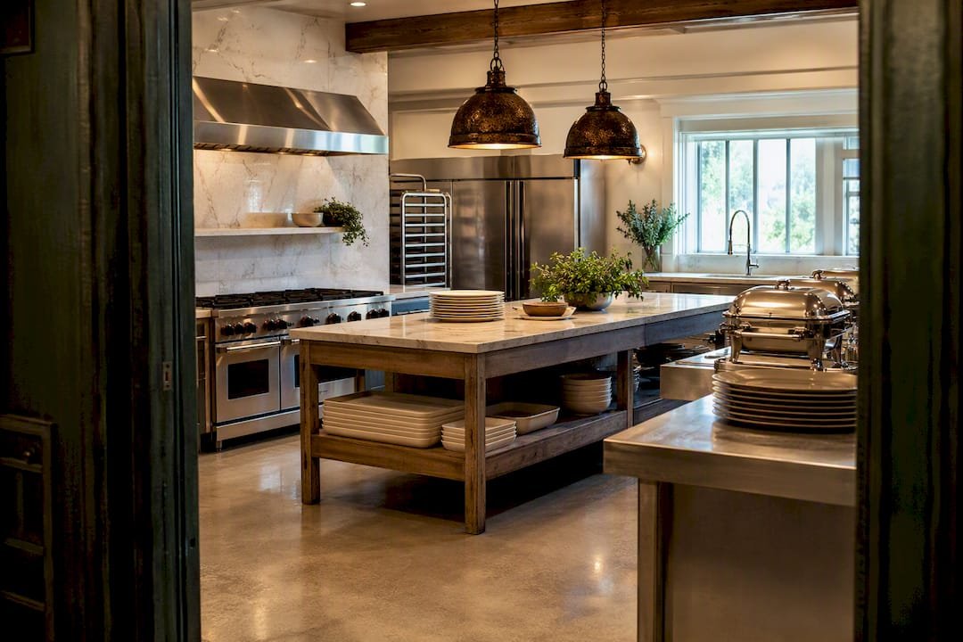 Spacious kitchen prepared for wedding catering