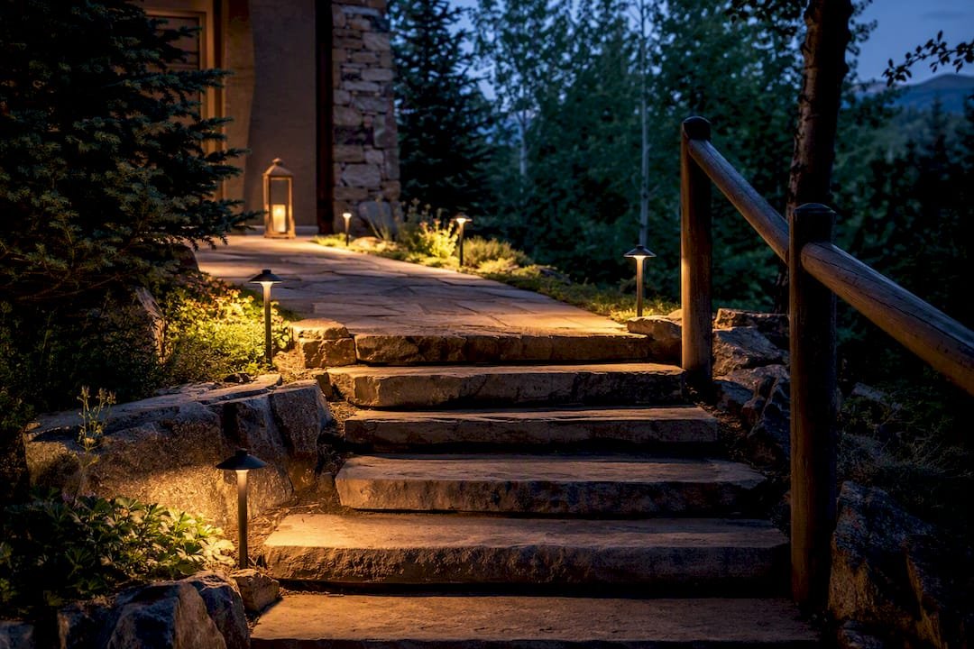 Weatherproof lights illuminating outdoor wedding stairs