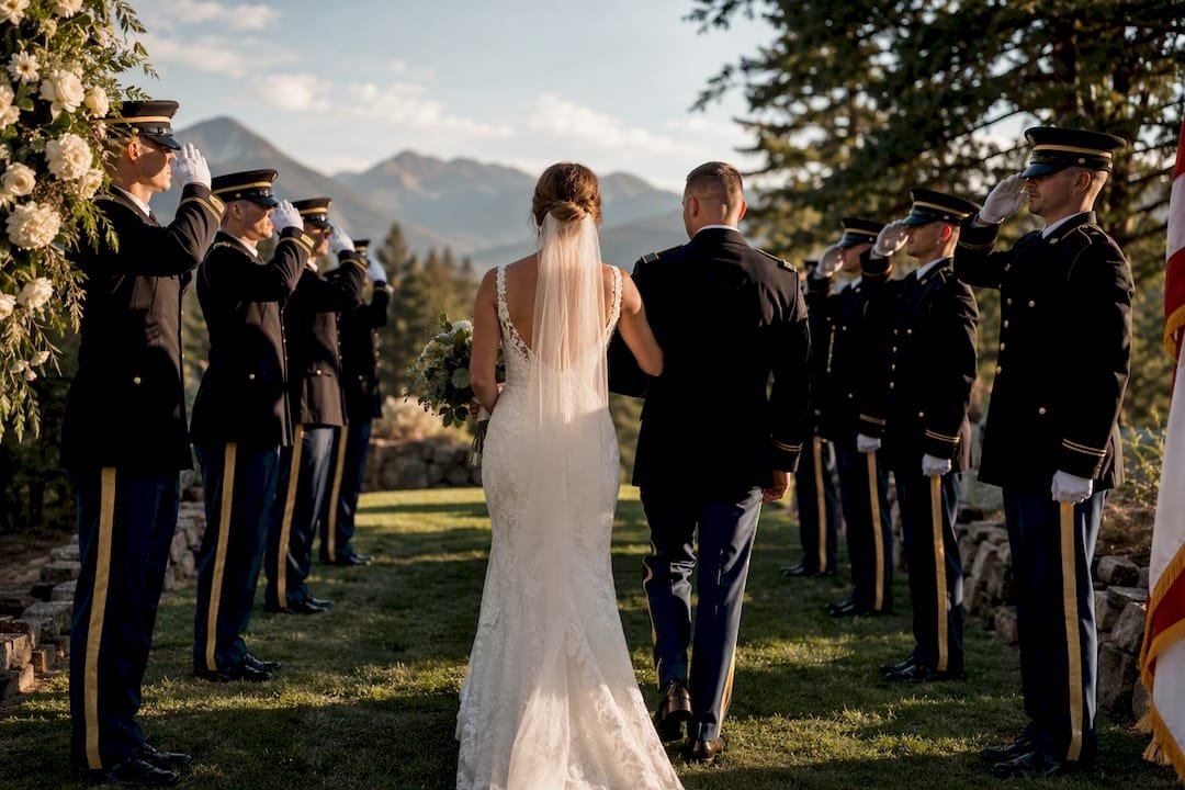 Honor guard saluting newlywed couple