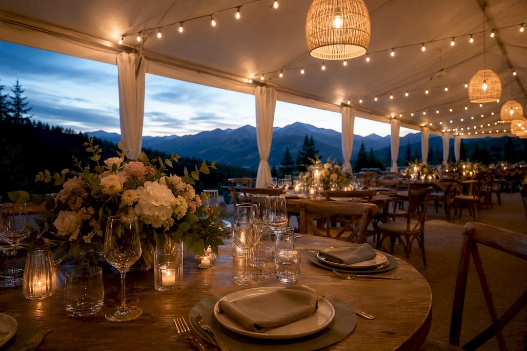 Warm lantern lighting inside mountain wedding tent