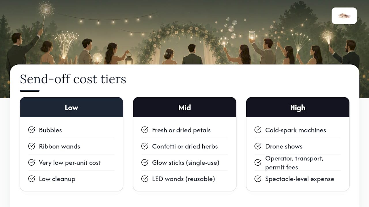 Wedding send-off options grouped by cost tier