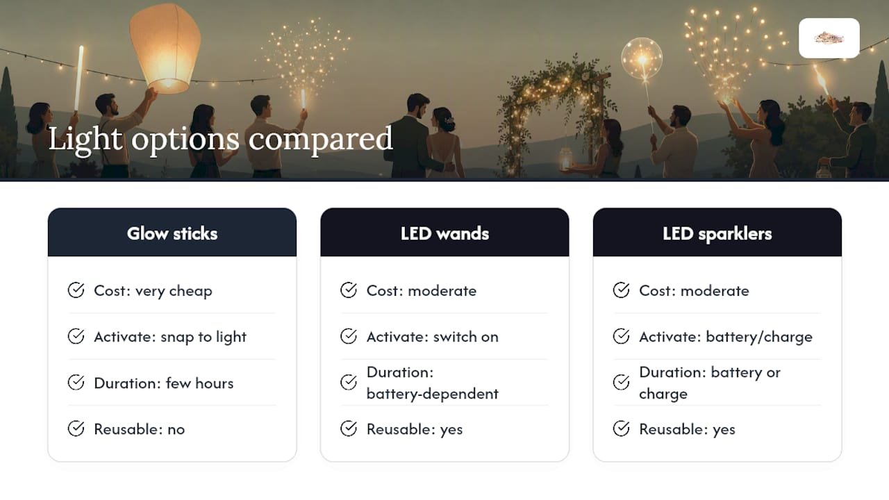 Light-based options: glow sticks, LED wands, and battery basics — overview diagram