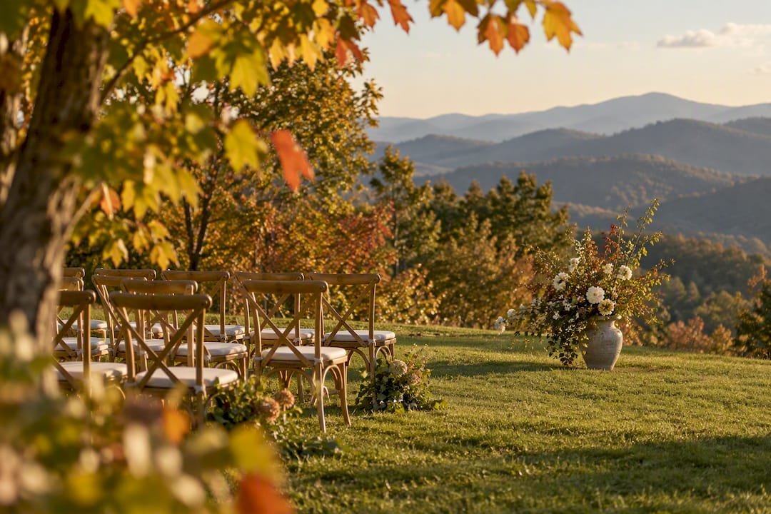 Mountain ceremony lawn framed by autumn foliage