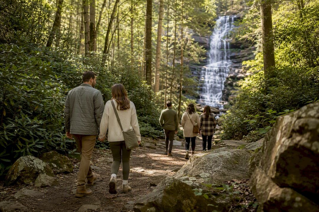 Wedding guests hiking toward a North Georgia waterfall